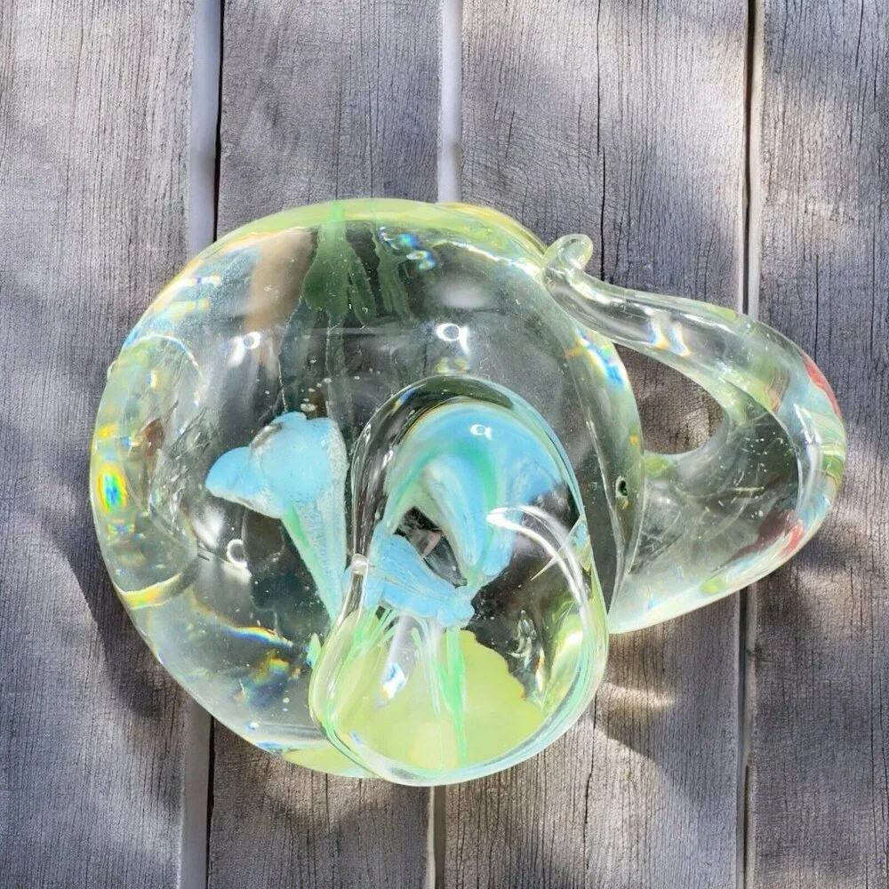 Clear Round Art Glass Elephant Paperweight Figurine Glass With Blue Flowers VTG